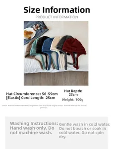 Detailed size chart for knitted earflap hat showing 56-59cm circumference and washing guide