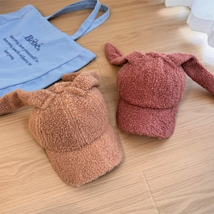 Cute lamb wool baseball cap with bunny ears for women in khaki and pink colors