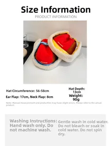 Detailed size chart and care guide for the winter trapper hat with color block design