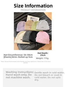 Detail view of colorful knitted beanies with leather labels in eight different trendy colors