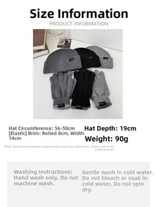 Winter knitted set with beanie and gloves in charcoal, black, and grey with size details