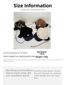 Size chart showing fleece camouflage earflap baseball cap dimensions and washing instructions