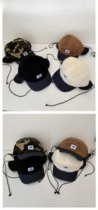 Detailed tile display of fleece aviator hats in camouflage, brown, black, and beige colors
