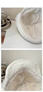 Detailed tile display of white faux lambswool trapper hat with warm ear flaps