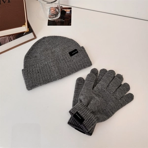 Winter grey knit beanie and touchscreen gloves set with minimalist warm textured design