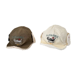 Winter sherpa-lined earflap caps in olive and cream with collegiate letter embroidery