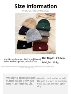 Size chart and care guide for fox embroidery knitted beanies in various colors