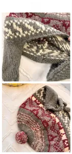 Close-up of winter knit hat featuring tricolor jacquard pattern and textured yarn detail