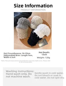 Size chart for plush baseball cap showing 56-59cm adjustable circumference and care instructions