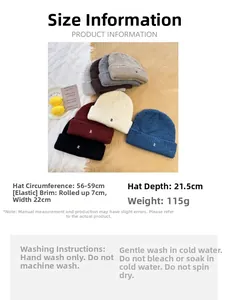 Detailed sizing chart for knit beanie showing 56-59cm head circumference and R logo