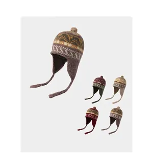 Cute Retro Jacquard Knit Beanie Hat For Women Acrylic Winter Warm Earflap Hat With Braids And Pompom Ethnic Style Beanie