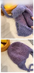 Macro detail of purple and blue mixed wool knit handbag with loop texture and soft handle