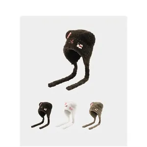 Women Cute Bear Ears Cat Plush Hat Winter Warm Ear Protection Earflap Hat Soft Faux Fur Bow Knitted Beanie Cap For Outdoor