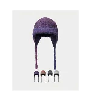 Women Winter Warm Acrylic Knit Earflap Beanie Hat Gradient Textured Soft Plush Aviator Trapper Cap With Straps For Daily Wear