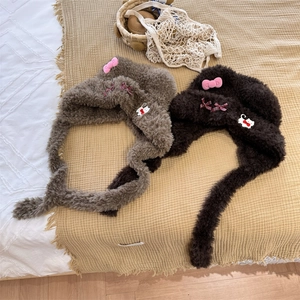 Cute plush bear ear trapper hat with pink bows and cat embroidery for winter warmth