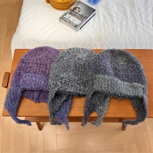 Women's gradient wool blend knit earflap hats in purple, dark grey, and blue grey colors