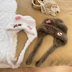Cute plush earflap hat with bear ears and bow tie in beige and brown colors