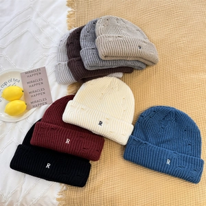 Fashion Distressed Knit Beanie Hat For Women Men Winter Warm Acrylic R Letter Embroidery Slouchy Skull Cap Outdoor