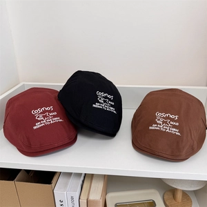 Vintage embroidered beret hat collection in burgundy, black and brown cotton fabric