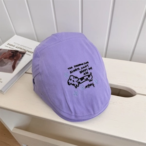 Lavender street style beret with puppy embroidery on white wooden background