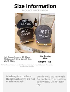 Detailed size chart for distressed baseball cap with 56-58cm adjustable circumference