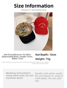 Infographic showing dimensions and adjustable strap details of the camo baseball cap