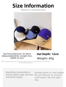 Size chart showing adjustable baseball cap dimensions 56-58cm and washing care instructions