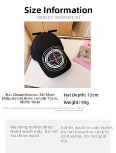 Size guide for adjustable black embroidered baseball cap with detailed washing instructions