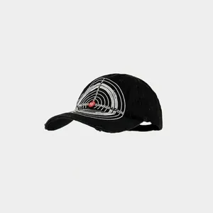Distressed black cotton baseball cap featuring embroidered bullseye target graphic pattern