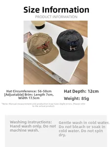 Detailed size specifications for washed cotton baseball cap with dog embroidery