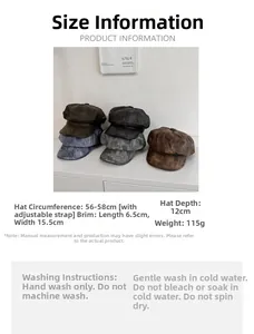 Detail of vintage PU leather octagonal hats with 56-58cm adjustable strap and size info