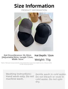 Close-up of adjustable mesh baseball caps showing size dimensions and washing instructions