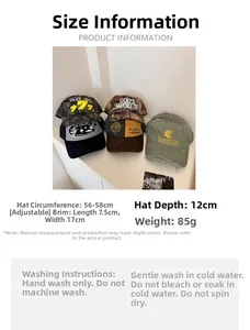 Detailed size chart for distressed baseball cap with adjustable strap and dimensions