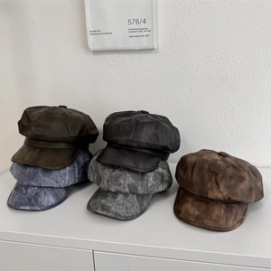 Vintage Women Newsboy Cap Retro Octagonal Hat Acrylic Painter Cap With Washed Distressed Style Adjustable French Beret