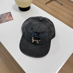 Vintage washed charcoal baseball cap with golden retriever and blue text embroidery