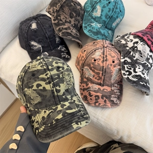 Casquette de Baseball Imprimé Léopard Vintage Américain pour Femme Casquette Streetwear Réglable Délavée à Trous Détériorés Pare-soleil