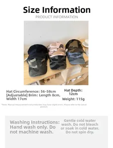 Detailed size guide for camouflage baseball cap showing dimensions and washing instructions