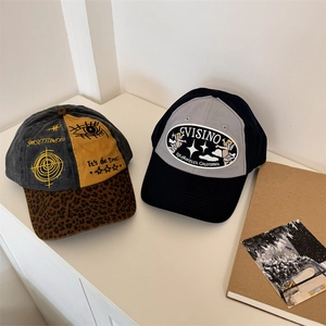 Distressed patchwork baseball cap with leopard print and embroidered streetwear patches