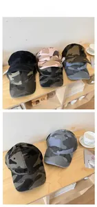 Detailed tile display of various camouflage baseball caps on rustic wooden shelves