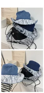 Détails de bobs en denim avec bordure en dentelle en trois couleurs et cordons réglables