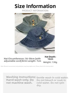 Detailed size chart for denim bucket hat with head circumference 56-58cm and washing guide