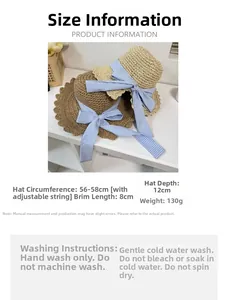 Detailed size specs for straw sun hat with blue plaid bow and adjustable inner band