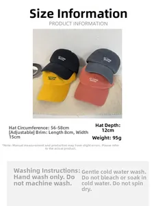 Detailed size specifications and washing guide for distressed embroidery baseball caps