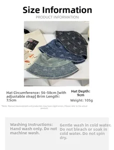Size chart for vintage denim bucket hat with detailed measurements and care instructions