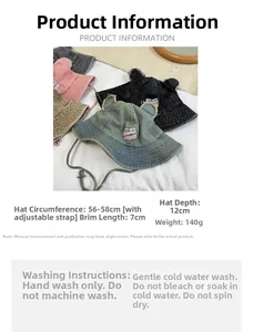 Detailed size chart for denim bucket hat with bear ears featuring a 56-58cm adjustable brim