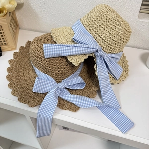 Women Japanese Sweet Straw Sun Hat Large Brim Wavy Edge Bowknot Ribbon Acrylic Handwoven Beach Vacation Sunshade Hat