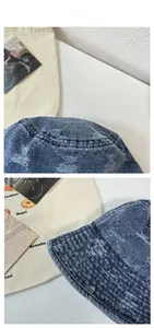 Detail of blue denim bucket hat featuring embroidered 3D bear patterns and seam stitching