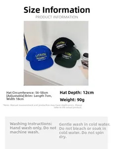 Size chart for adjustable cotton baseball cap showing cap depth and washing instructions