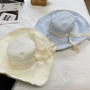 Plaid lace wide brim sun hat with ribbon ties in cream and blue for summer UV protection