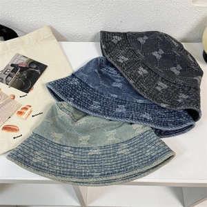 Retro Washed Acrylic Denim Style Bucket Hat For Women With Bear Pattern Letter Print Sunshade Foldable Fisherman Hat Streetwear
